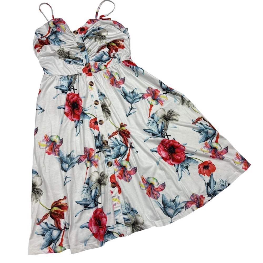 DM Floral Sundress Womens Medium White Excellent Ruched Button Front Midi